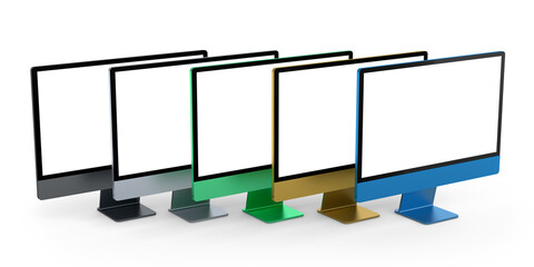 Set of desktop computers with blank screen display isolated on white background.