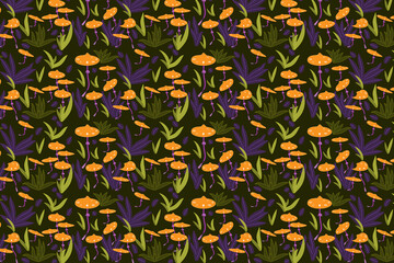 Fototapeta na wymiar Seamless vector floral pattern with mushrooms. Cartoon. For background, wallpaper, paper, clothing, textile, cover, packaging, kids.