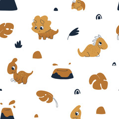 Nursery seamless pattern with сute dinosaurs. Childish pattern for fabric, wrapping, clothing, textile, wallpaper, pajamas, kids apparel, beddings