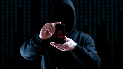 Cyber security hacker smartphone. Internet web hack technology. Digital mobile phone in hacker man...