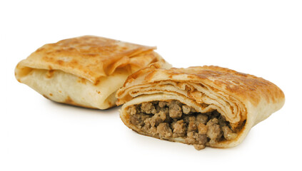 Pancakes with minced meat isolated on white background