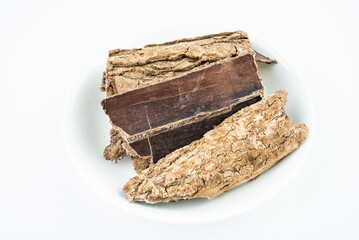 Chinese herbal medicine Sichuan wild eucommia on white background
