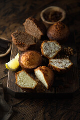 Homemade assorted muffins with lemon, cinnamon and nuts