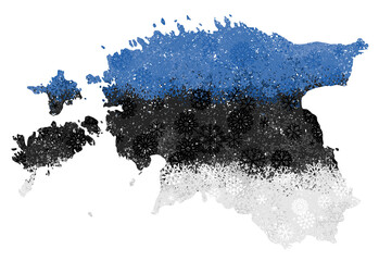 Flag and map of Estonia with snowflakes. Vector illustration, isolated on white