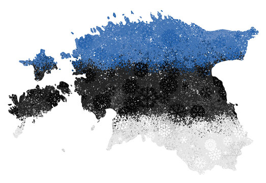 Flag and map of Estonia with snowflakes. Vector illustration, isolated on white