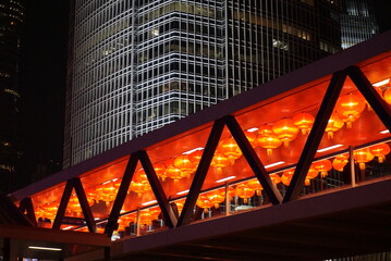 Oriental Asian city bridge at night with red lanterns Lunar New Year solemn mood