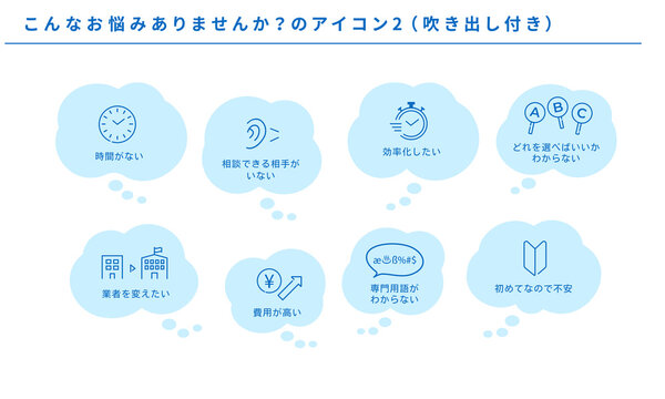 こんなお悩みありませんか？のアイコンセット2、吹き出し付き、ベクター