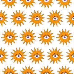 Colorful seamless pattern of minimal magical elemens in groovy retro style 70s-80s. Trendy vector illustration	
