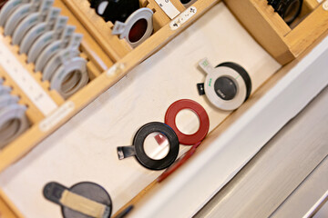 Checking the eye vision with modern optical equipment. Ophthalmology medical equipment. 