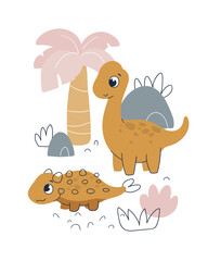 Cute cartoon dinosaur. Print for baby posters, cards, clothes. Vector cartoon illustration. Dino