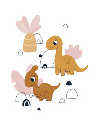 Cute cartoon dinosaur. Print for baby posters, cards, clothes. Vector cartoon illustration. Dino