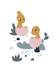 Cute cartoon dinosaur. Print for baby posters, cards, clothes. Vector cartoon illustration. cute dino in eggs