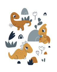 Cute cartoon dinosaur. Print for baby posters, cards, clothes. Vector cartoon illustration. 