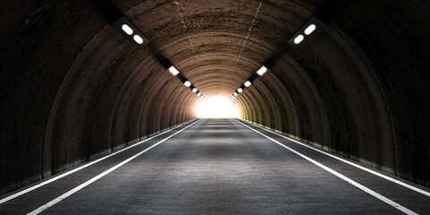 Naklejka premium dark underground concrete tunnel motorway road with sun light 3d render illustration