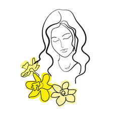 Vector illustration, logo of a beautiful woman's face and three daffodils, design for hairdressers, concept for packaging women's products, hair care products