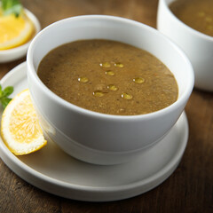 Traditional homemade lentil soup with lemon