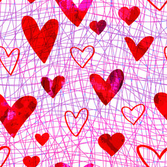 Seamless pattern of beautiful red hearts. Festive vivid background. Vector image.