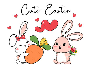cute happy two couple rabbit bunny with baby chicken and easter egg cartoon drawing outline baby rabbit, cute easter