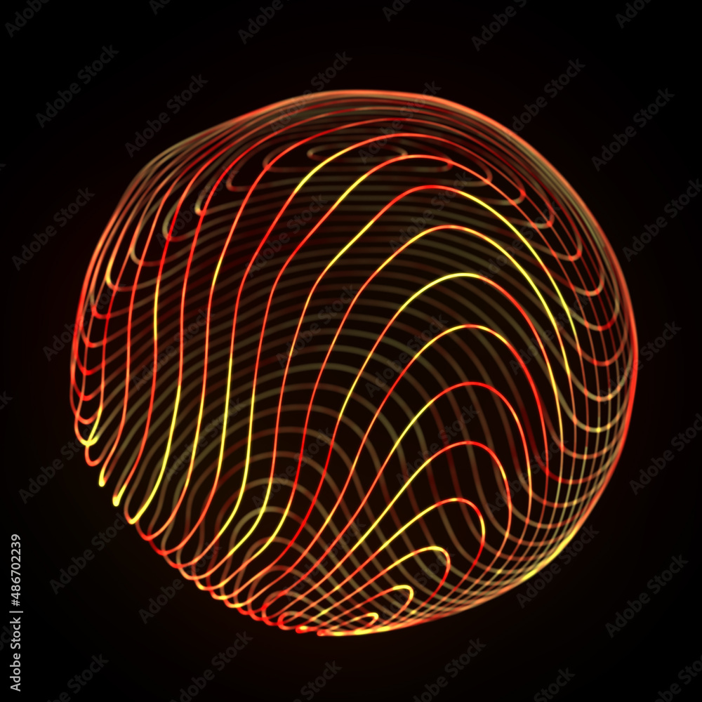 Aufkleber Wireframe red sphere with twisted lines. Futuristic technology circle with twisted glowing lines. Abstract 3d logo. Illustration of curled stripes shape.