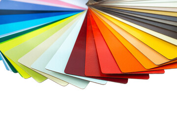 Color guide displaying a range of hues for use in interior design and decoration. Colorful color guide with palette of paint samples on white background with copy space. Catalog for tinting