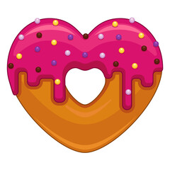 vector three dimensional drawing donut heart with pink icing and colored sugar balls on a white background