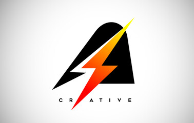 Letter A Thunderbolt Logo Concept with Black Letter and Orange Yellow Thunder.