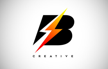 Letter B Thunderbolt Logo Concept with Black Letter and Orange Yellow Thunder.