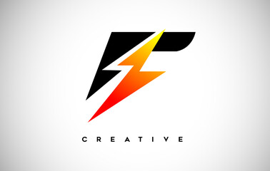 Letter F Thunderbolt Logo Concept with Black Letter and Orange Yellow Thunder.