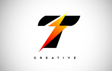 Letter T Thunderbolt Logo Concept with Black Letter and Orange Yellow Thunder.
