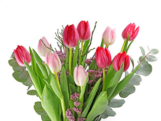beautiful flower bouquet with mixed rosa an red tulips, fresh cut bouquet isolated on white background, close up