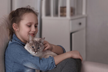 little girl with a white siamese cat