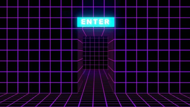 Enter or door to metaverse concept. Metaphor for entering metaverse space. VR concept, sci-fi room blue light squares shapes. Web 3.0 representation. 3d render video