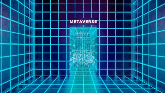 Enter or door to metaverse concept. Metaphor for entering metaverse space. VR concept, sci-fi room blue light squares shapes. Web 3.0 representation. 3d render video