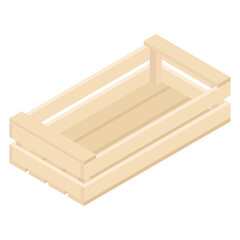 Empty wooden box for transportation and storage of vegetables and fruits, isometric view. 3D Render. Vector illustration.