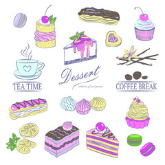 Set of delicious sweets and desserts. Muffins, marshmallow, biscuits, macaroons, eclairs, vanilla pods, cup of tea, lemon slices and mint. Vector set confectionery icons isolated on white background.