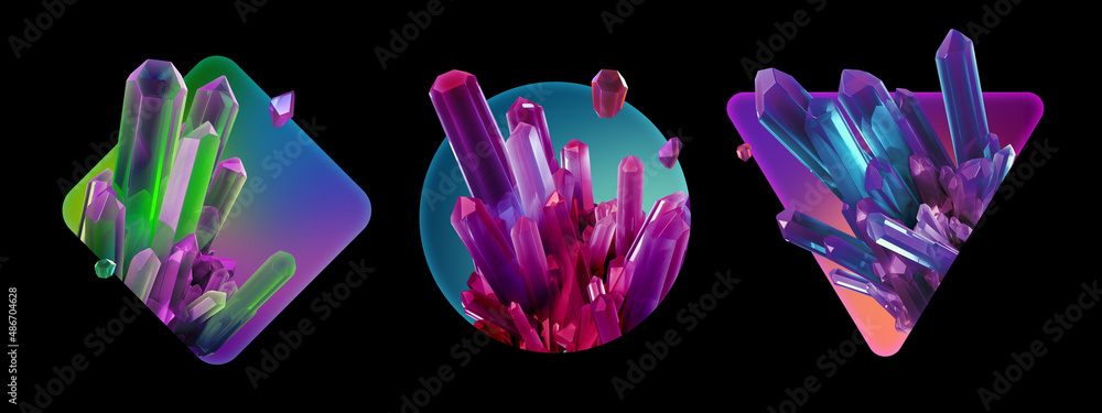 Poster 3d render, set of assorted geometric stickers with colorful crystals. modern esoteric icons isolated