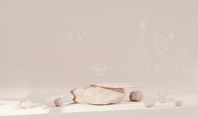 Rock podium on earth tone colour background for product presentation. Natural beauty pedestal, relaxation and health, 3d illustration.