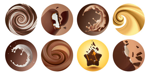 3d render, set of round stickers with chocolate sweets and cacao splash. Assorted clip art, isolated on white background. Confectionery labels and tags