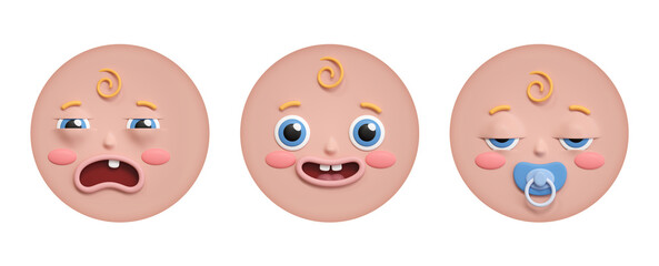 3d render, set of 3 baby face icons with different emotions, clip art isolated on white background. Round stickers collection
