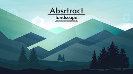 Abstract vector illustration. Flat, minimalist style. Mountains with hills and natural silhouette’s trees. Sunrise or sunset. Design for wallpaper, background, tourism or greeting card.