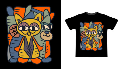 Hand drawn abstract cat art illustration t shirt design