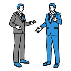 対話している全身の若いスーツの男性たち
