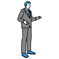 話している全身の若いスーツの男性
