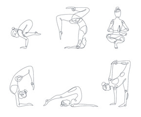 Set of yoga poses one line. Black line on white background. Perfect for posters and postcards