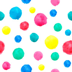 watercolor pattern with colored circles. Background with yellow, red, blue, green balloons in abstract style. For decor and design, printing on paper, packaging, fabric, scrapbooking