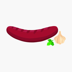 Vector illustration of sausage and garlic with parsley leaf on a white background. Sausage grilled. Delicious sausage. Flat food.