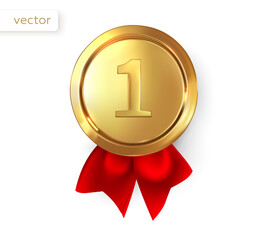Gold medal, first place. 1st Place Badge. Realistic vector illustration.