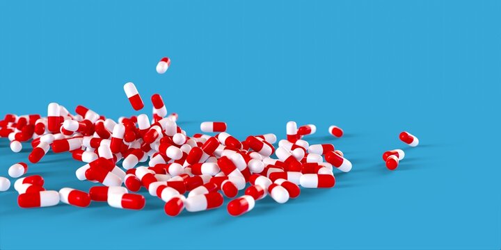 red and white pharmaceuticals drugs capsules 3D computer generated illustration