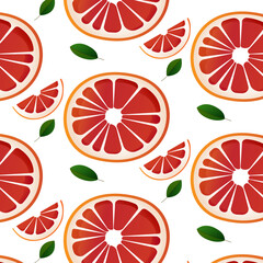 Seamless pattern with citrus fruits. Vector pattern of a grapefruit slice with leaves on white background.