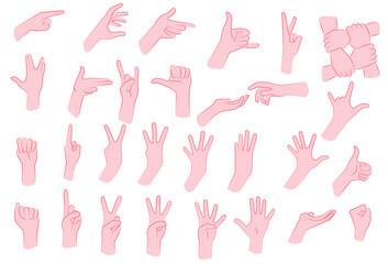 Fototapeta na wymiar Minimalistic line illustration set of hands positions and gestures. 